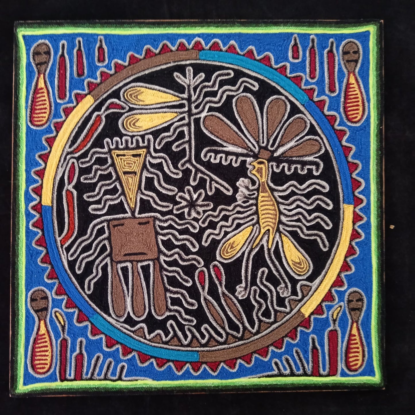 Huichol Indian Mexican Folk Art Yarn Painting By Silverio Gonzalez Rios PP7940