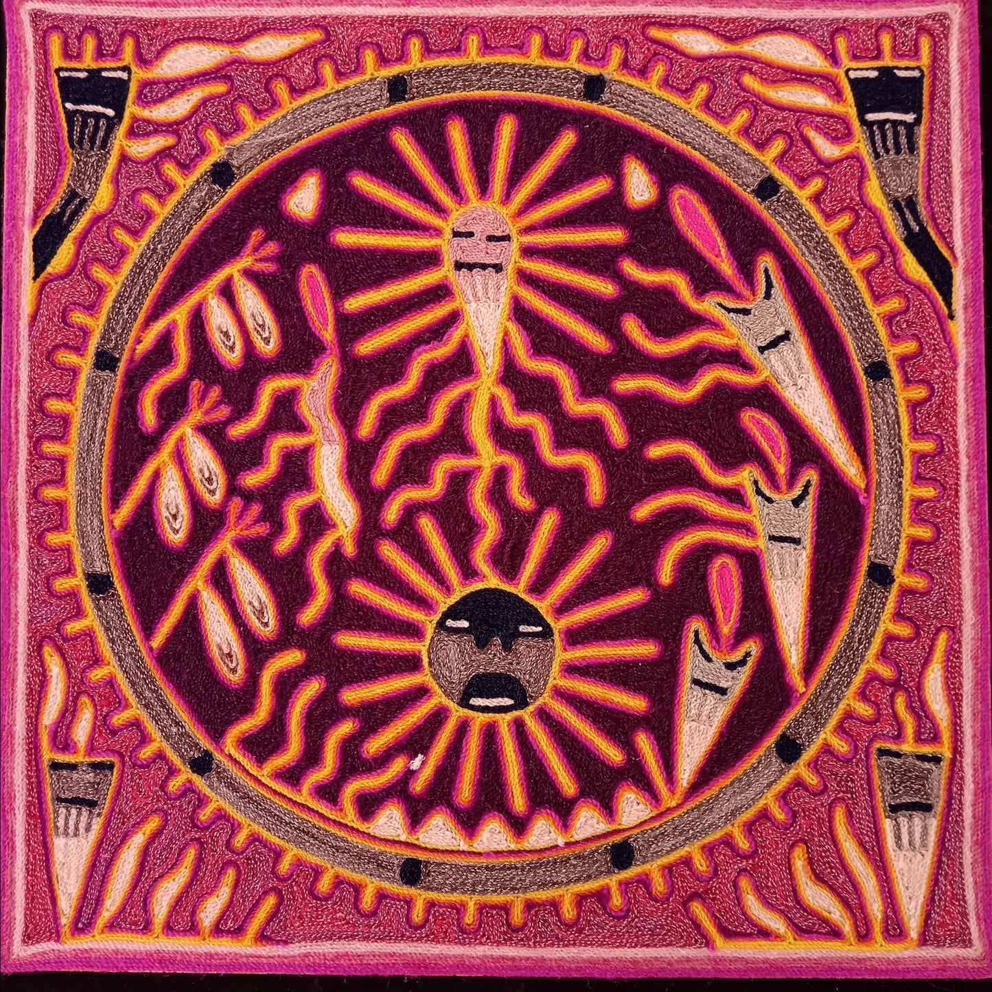 Huichol Indian Mexican Folk Art Yarn Painting By Silverio Gonzalez Rios PP7941