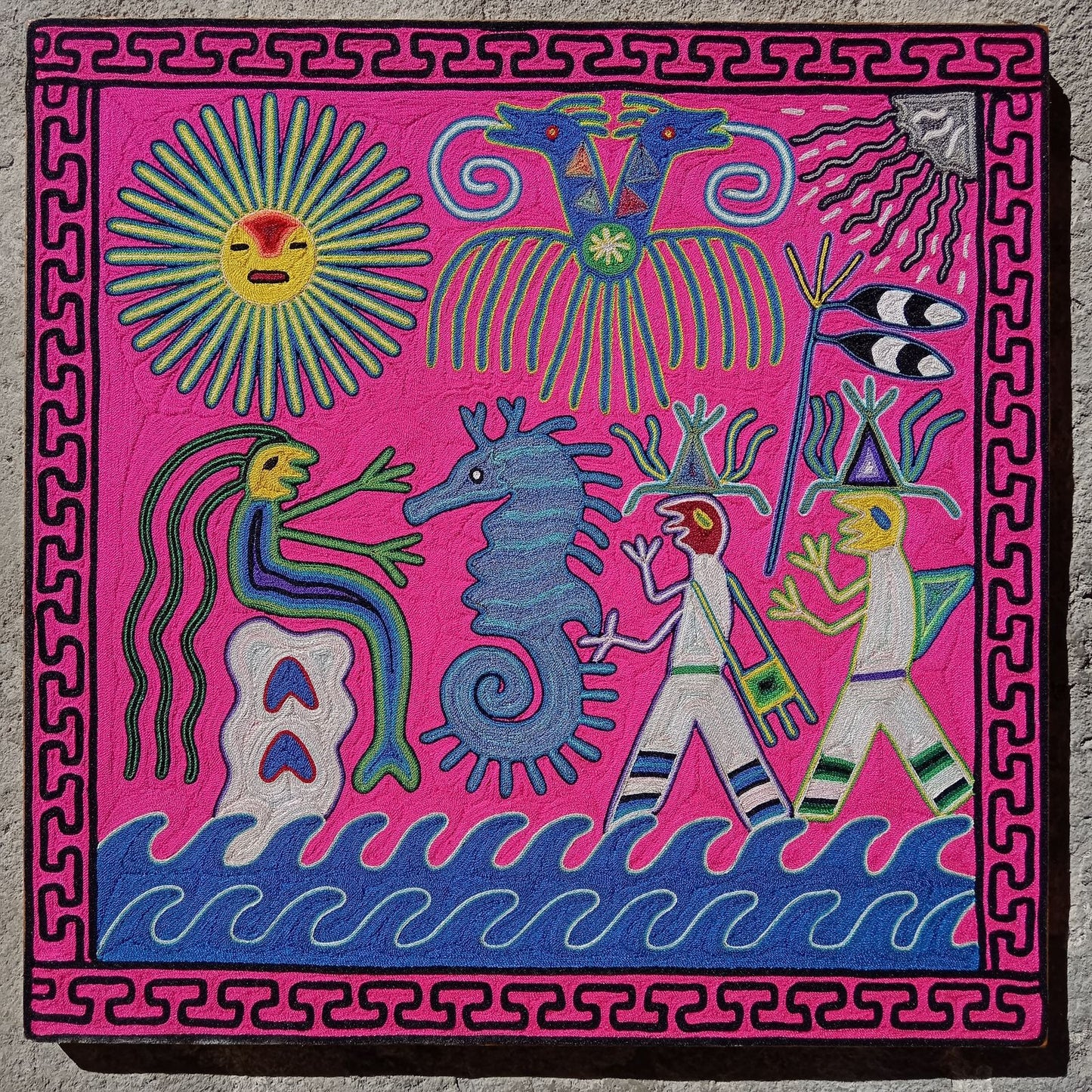 Huichol Indian Mexican Folk Art Yarn Painting By Fermin Gonzalez Rios PP7943