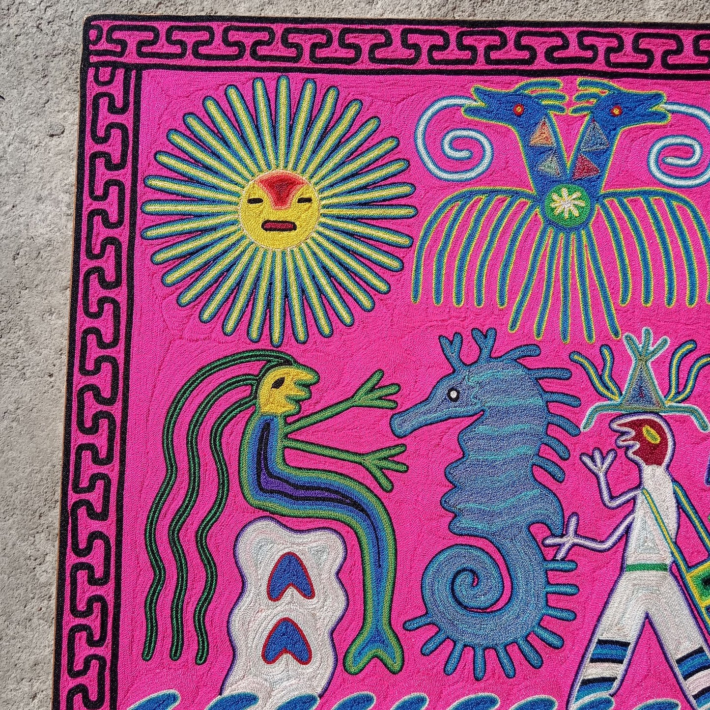 Huichol Indian Mexican Folk Art Yarn Painting By Fermin Gonzalez Rios PP7943