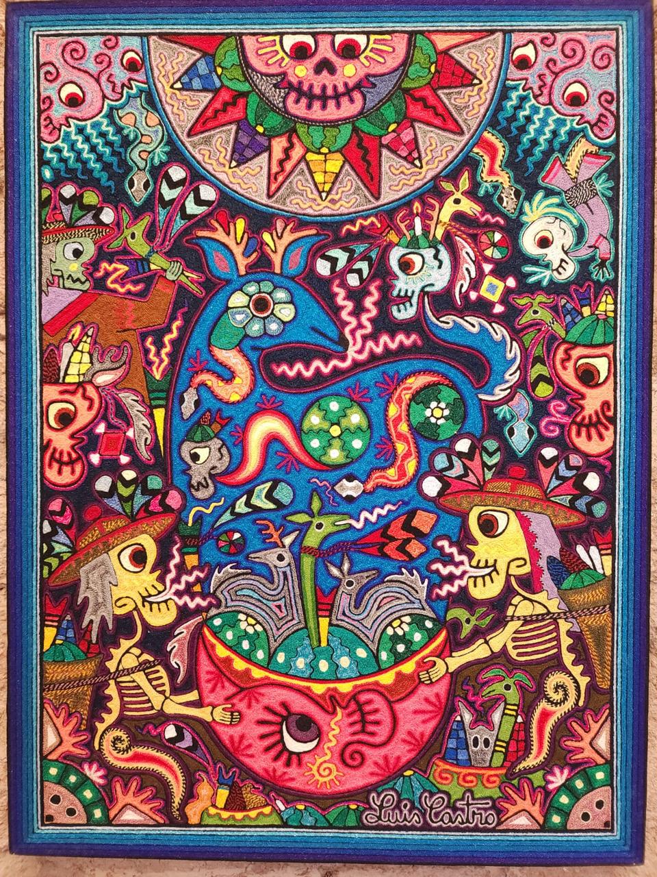Mexican Folk Art Huichol Indian Yarn Painting by Luis Castro PP7975