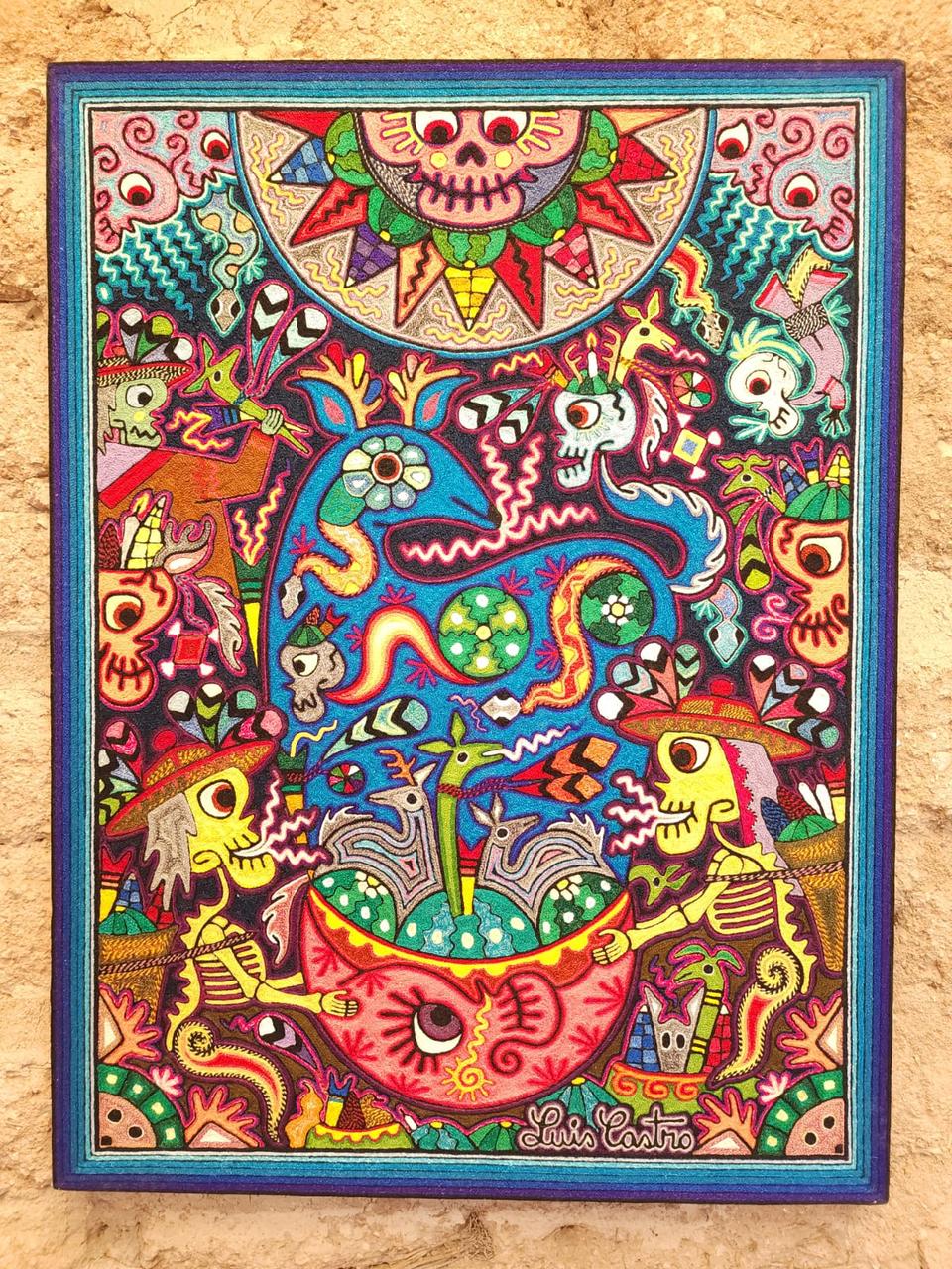Mexican Folk Art Huichol Indian Yarn Painting by Luis Castro PP7975