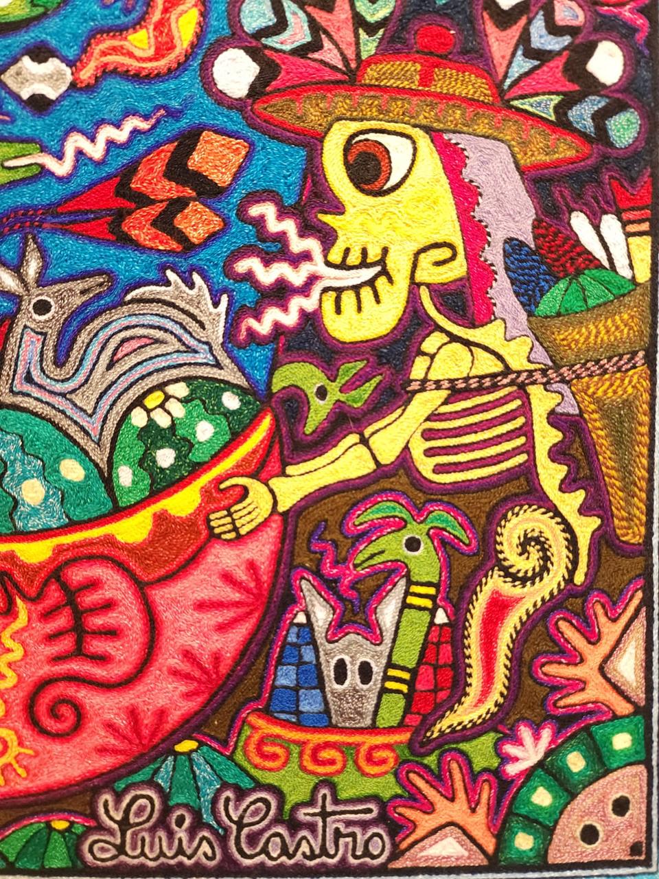 Mexican Folk Art Huichol Indian Yarn Painting by Luis Castro PP7975