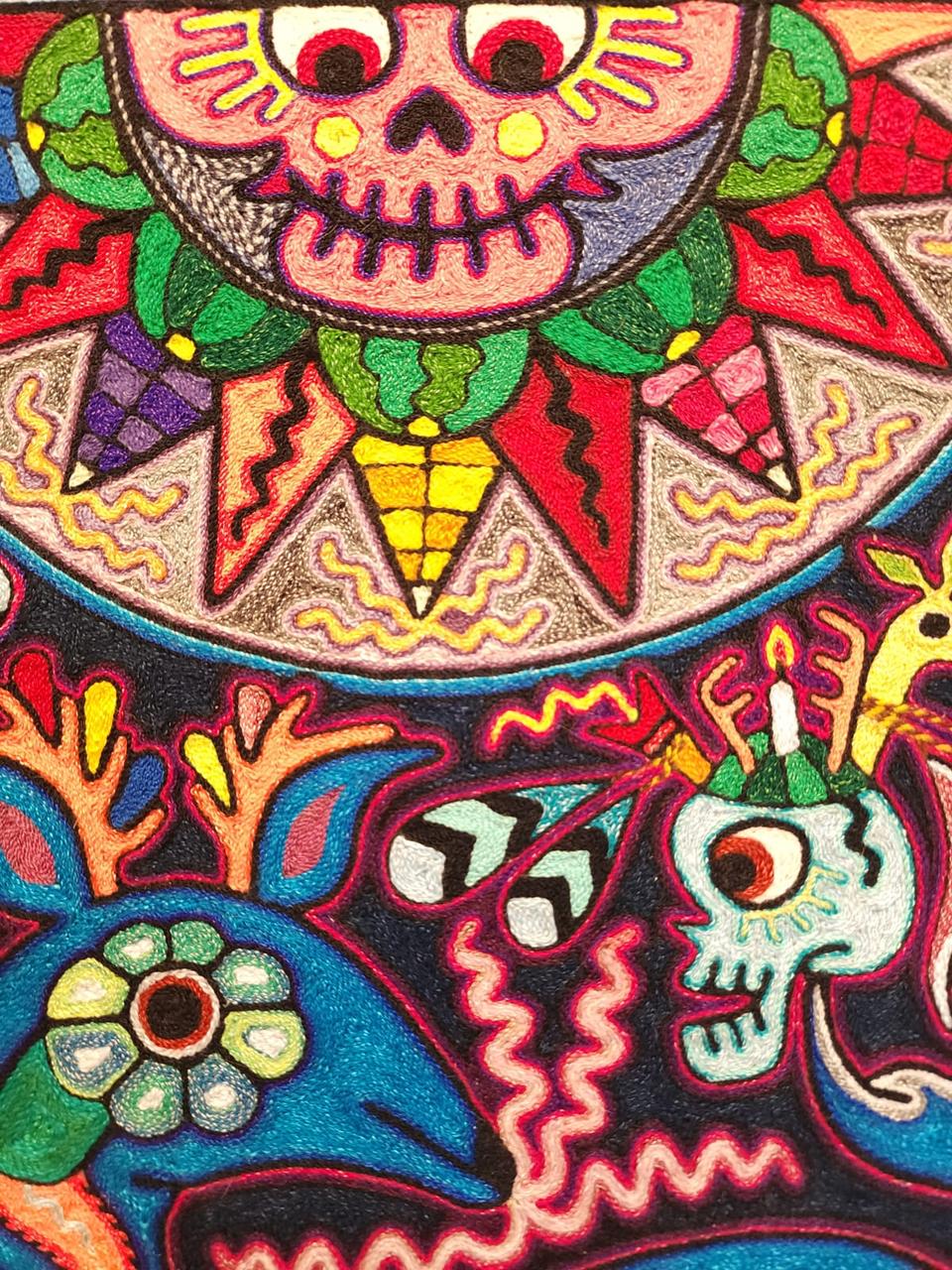Mexican Folk Art Huichol Indian Yarn Painting by Luis Castro PP7975