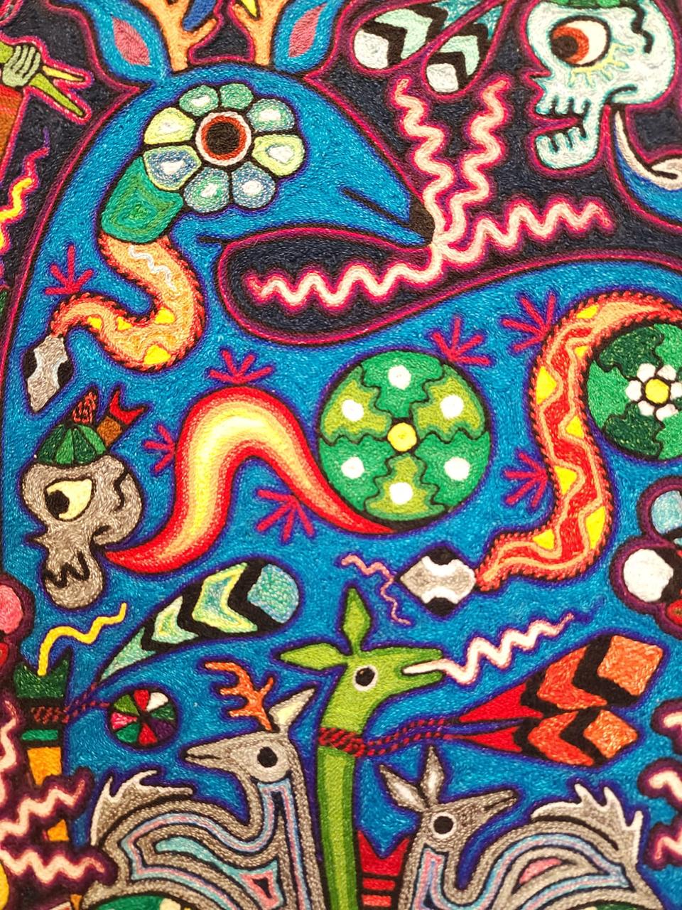 Mexican Folk Art Huichol Indian Yarn Painting by Luis Castro PP7975