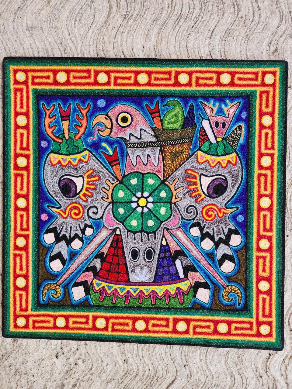Mexican Folk Art Huichol Indian Yarn Painting by Luis Castro PP7976