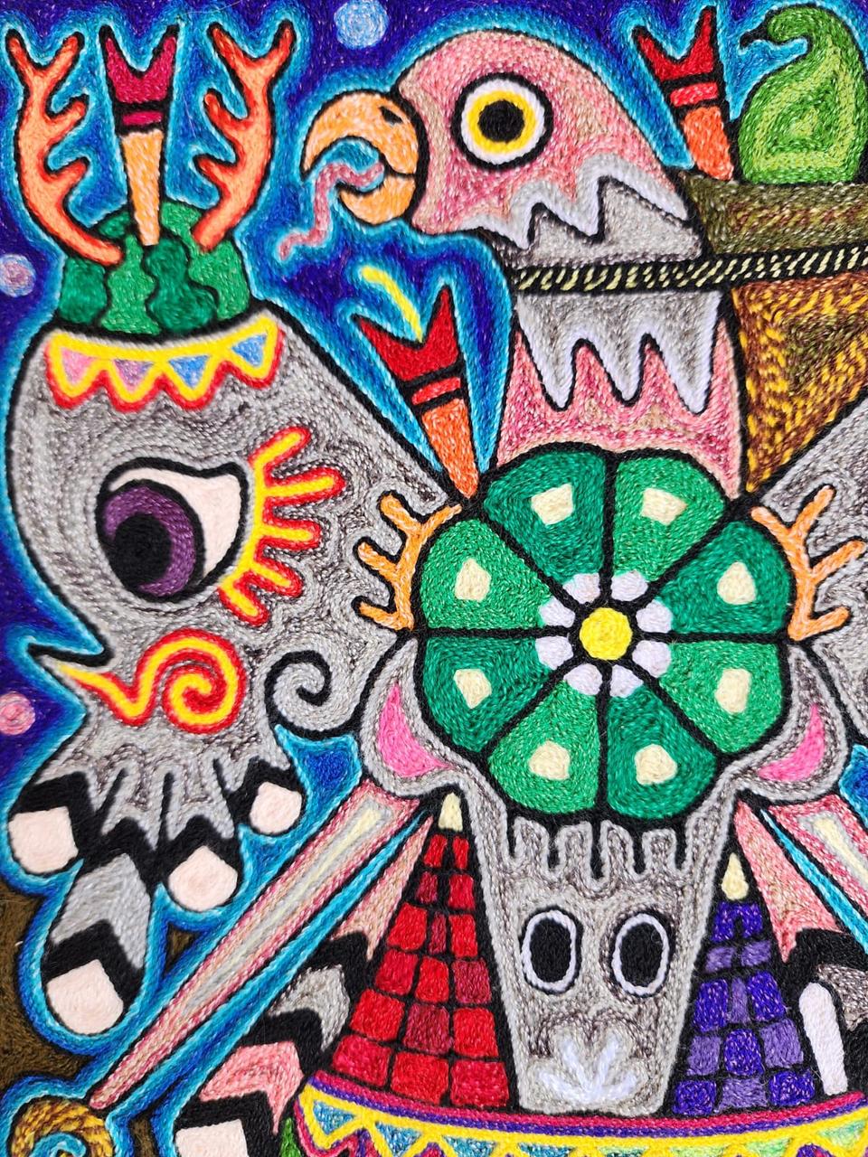Mexican Folk Art Huichol Indian Yarn Painting by Luis Castro PP7976