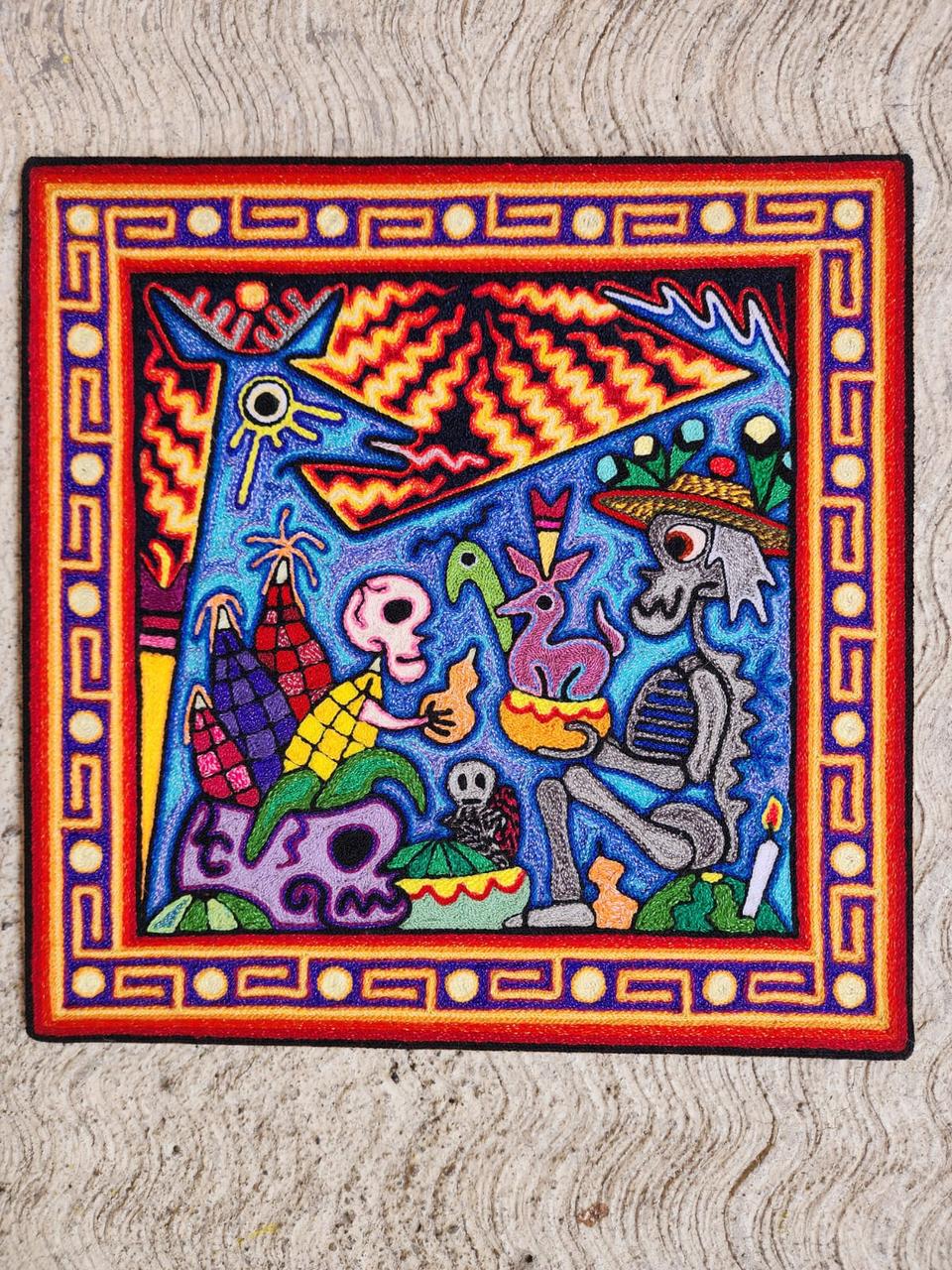 Mexican Folk Art Huichol Indian Yarn Painting by Luis Castro PP7978