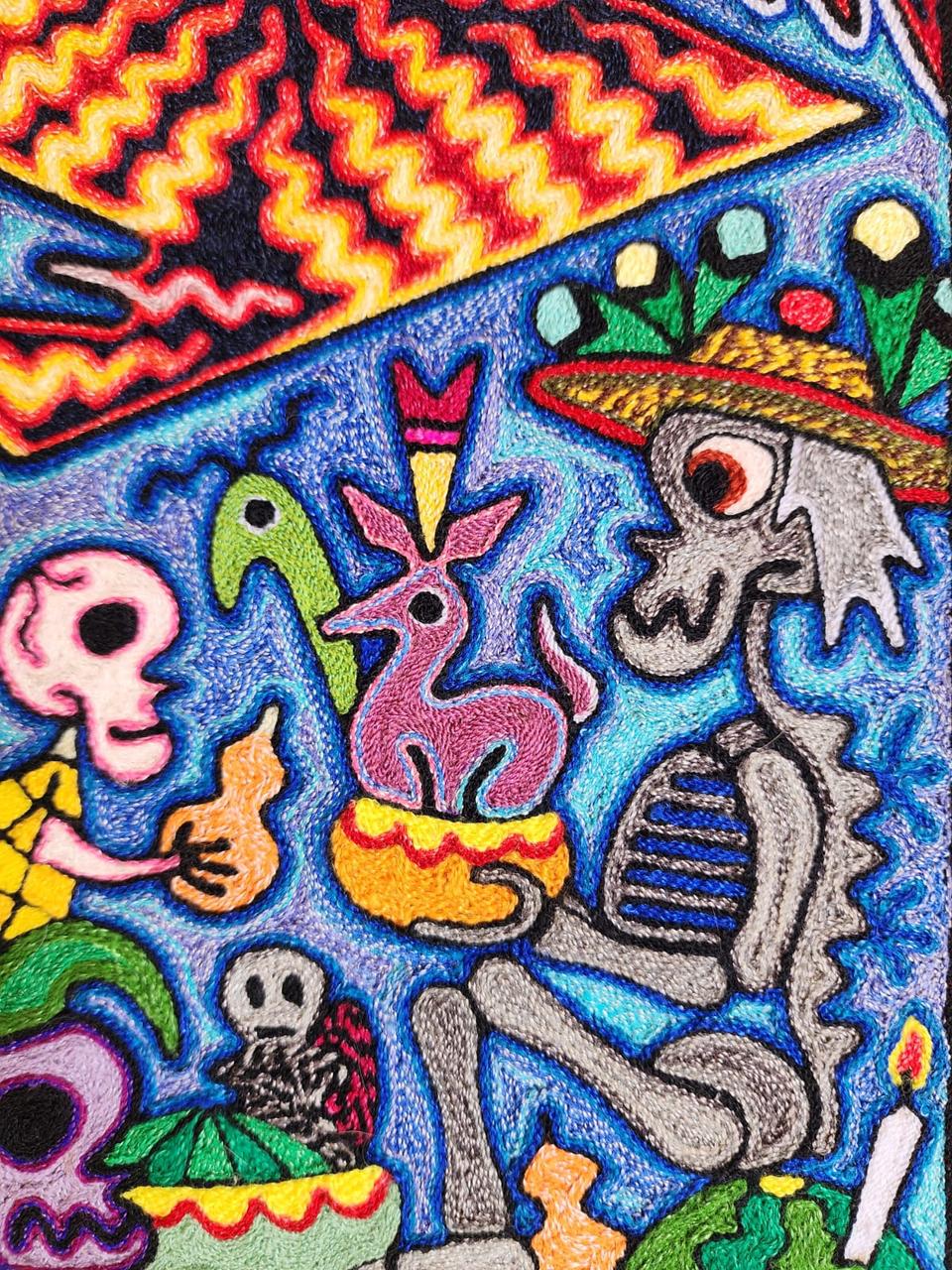 Mexican Folk Art Huichol Indian Yarn Painting by Luis Castro PP7978
