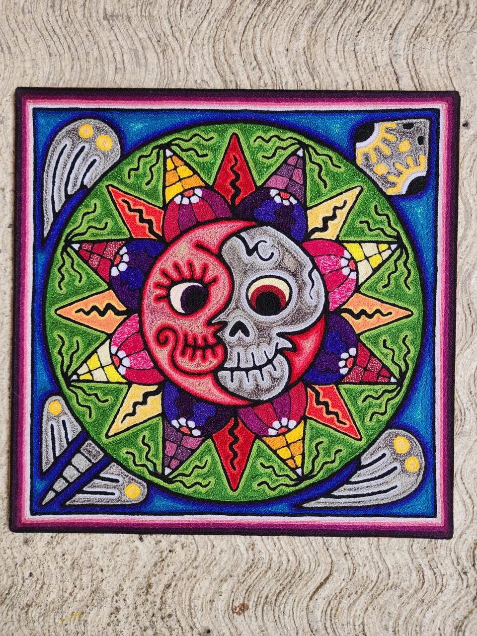 Mexican Folk Art Huichol Indian Yarn Painting by Luis Castro PP7979