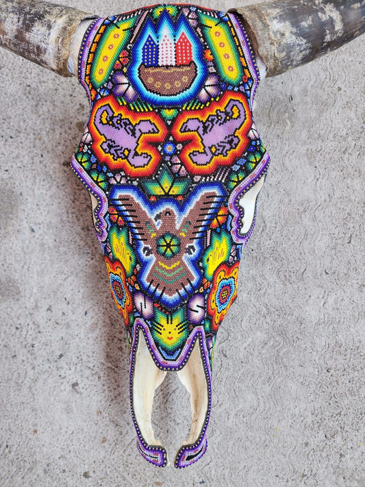 Mexican Folk Art Huichol Hand Beaded Bull Skull By Isandro Villa Lopez PP7971 Oaxaca
