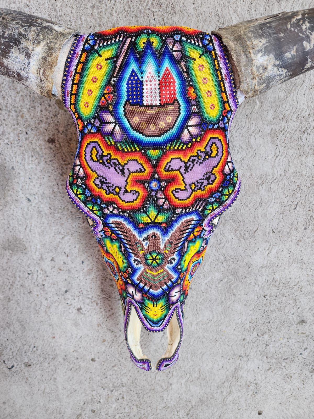 Mexican Folk Art Huichol Hand Beaded Bull Skull By Isandro Villa Lopez PP7971