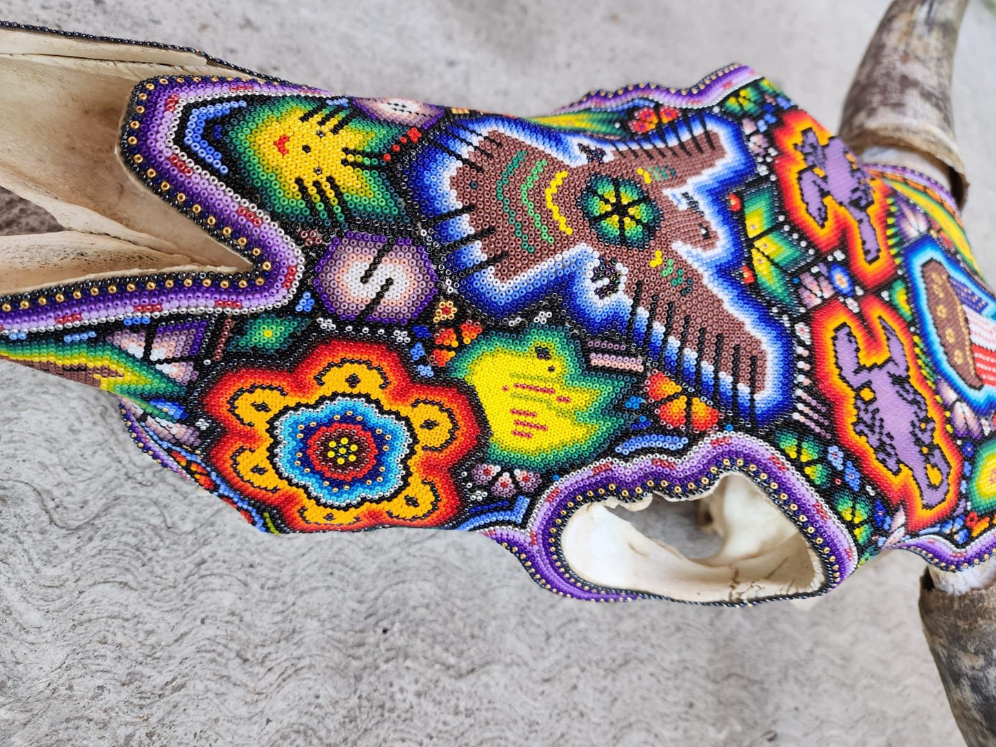 Mexican Folk Art Huichol Hand Beaded Bull Skull By Isandro Villa Lopez PP7971