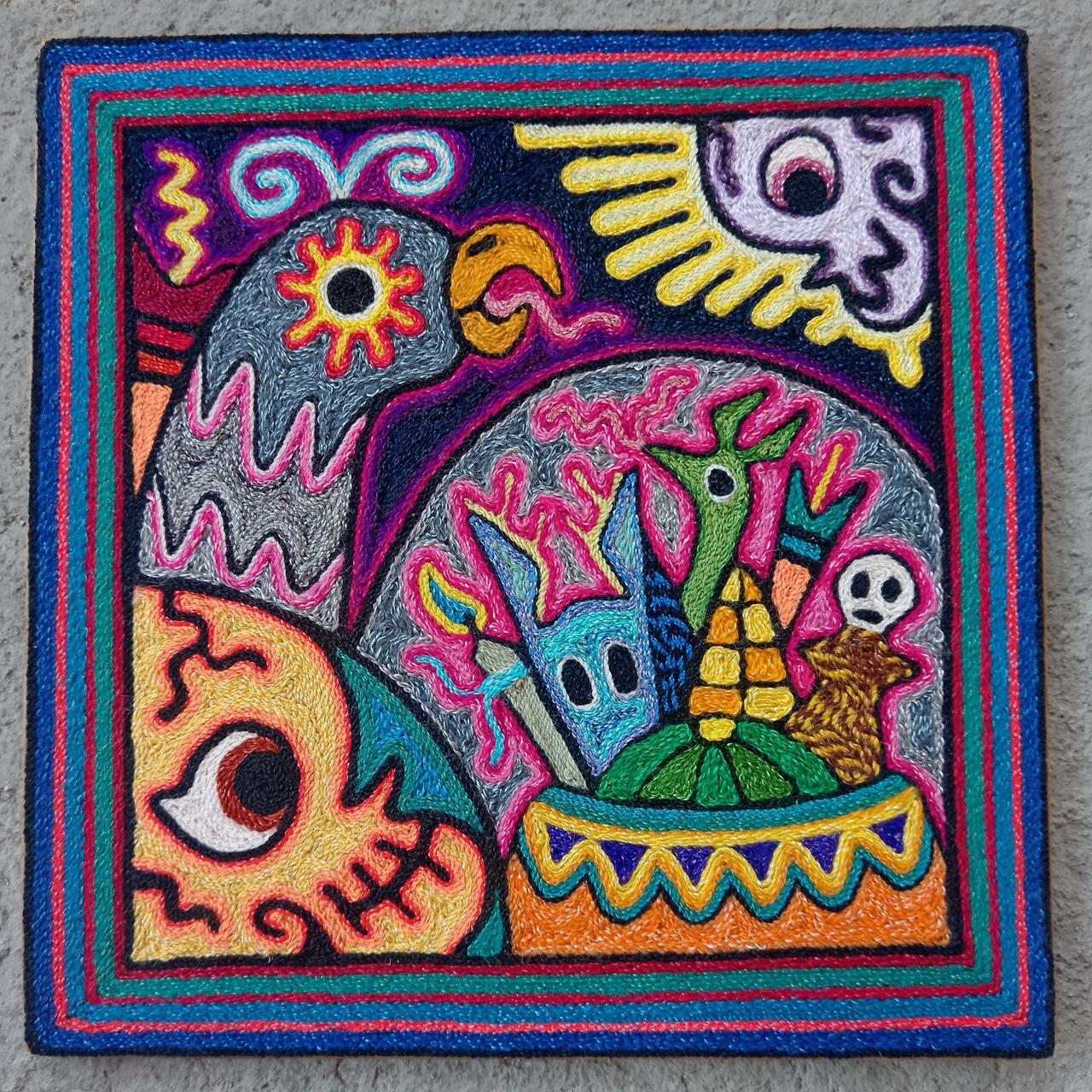 Mexican Folk Art Huichol Indian Yarn Painting by Luis Castro PP8014