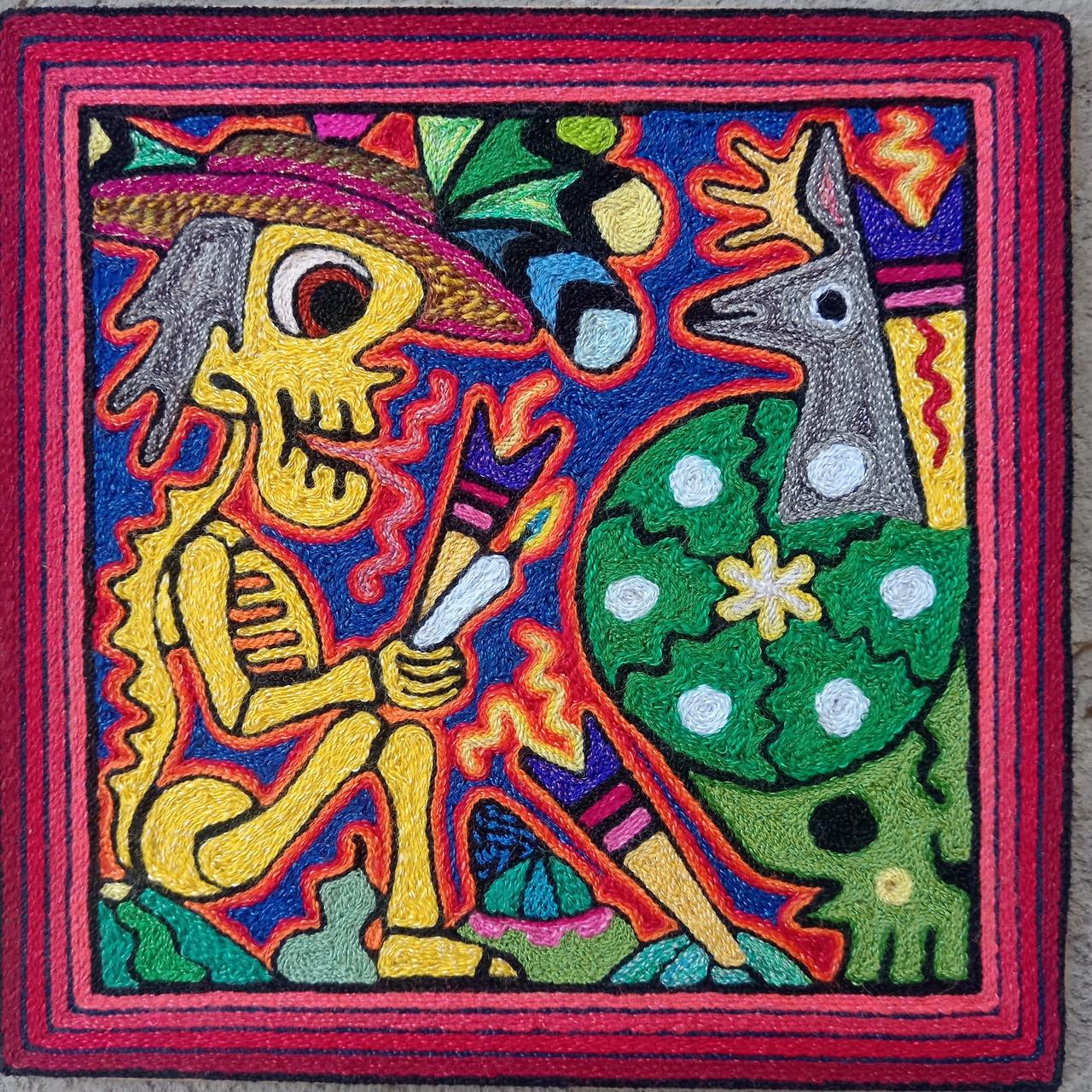 Mexican Folk Art Huichol Indian Yarn Painting by Luis Castro PP8015