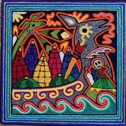 Mexican Folk Art Huichol Indian Yarn Painting by Luis Castro PP8043