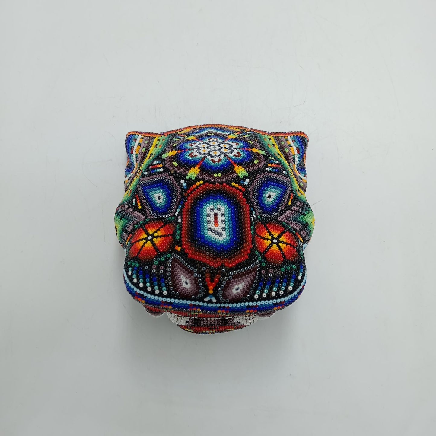 Mexican Folk Art Huichol Beaded Jaguar Head By Mayola Villa Lopez PP8167
