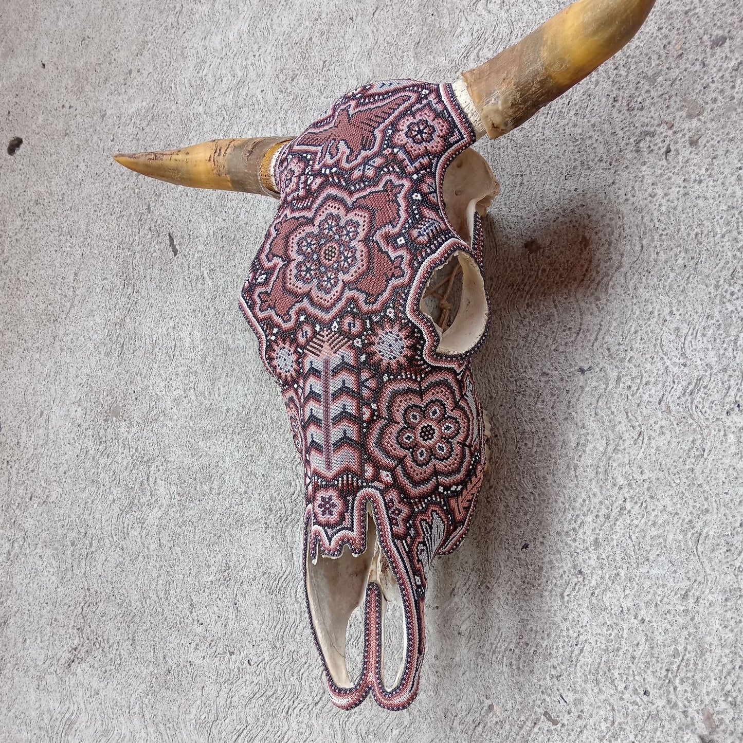 Mexican Folk Art Huichol Hand Beaded Bull Skull By Isandro Villa Lopez PP8171