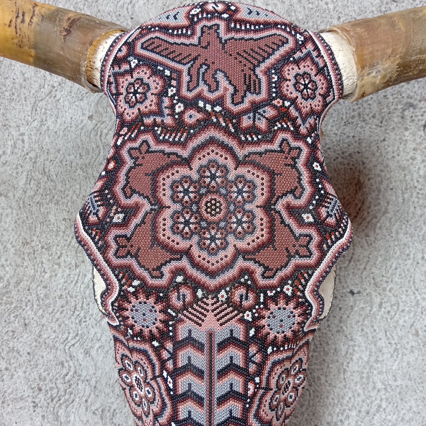 Mexican Folk Art Huichol Hand Beaded Bull Skull By Isandro Villa Lopez PP8171
