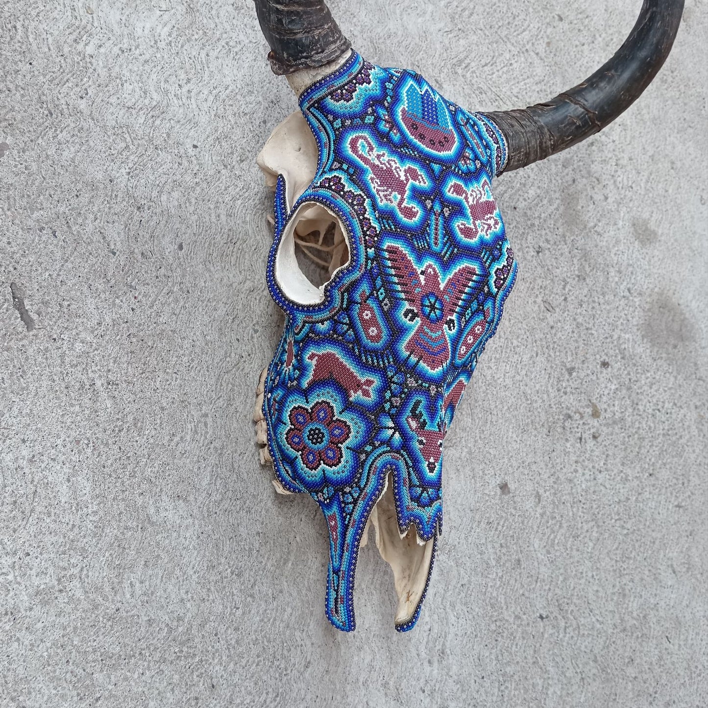 Mexican Folk Art Huichol Hand Beaded Bull Skull By Isandro Villa Lopez PP8172