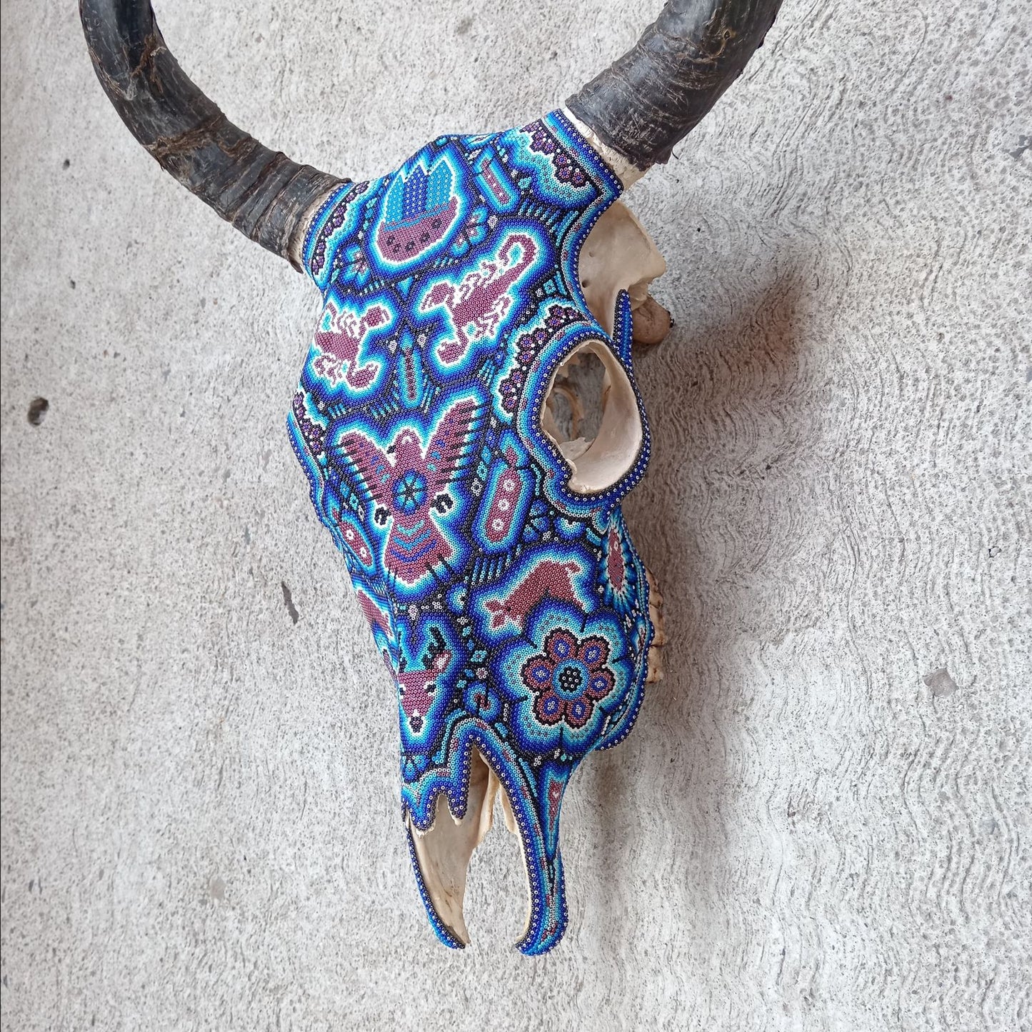 Mexican Folk Art Huichol Hand Beaded Bull Skull By Isandro Villa Lopez PP8172
