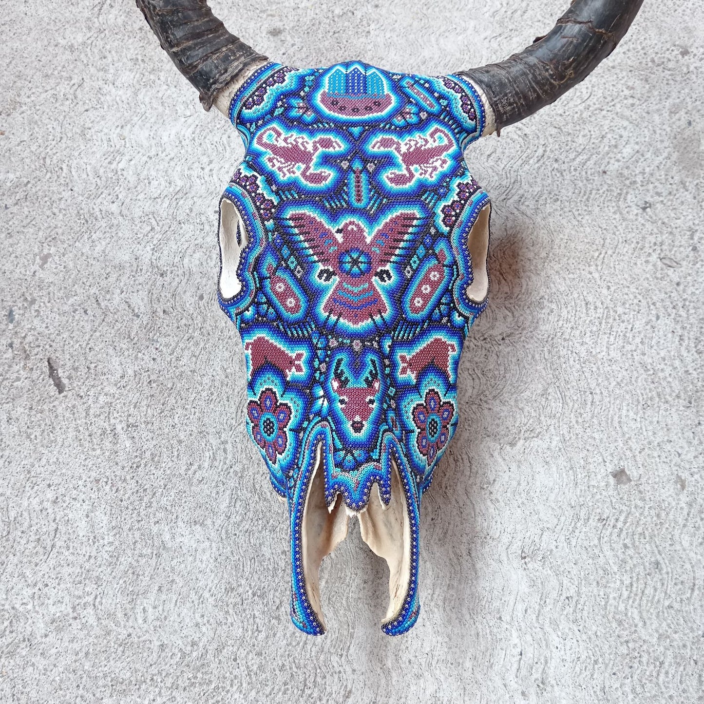 Mexican Folk Art Huichol Hand Beaded Bull Skull By Isandro Villa Lopez PP8172