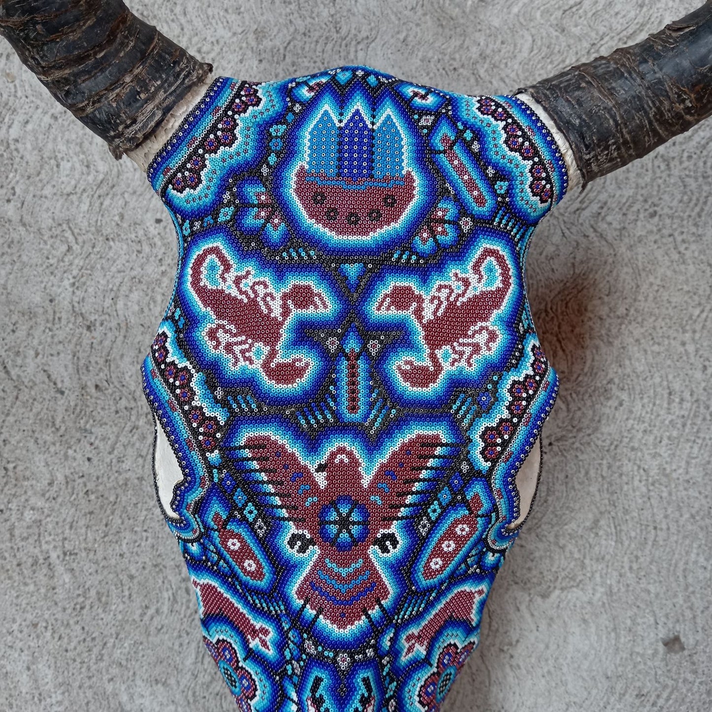 Mexican Folk Art Huichol Hand Beaded Bull Skull By Isandro Villa Lopez PP8172