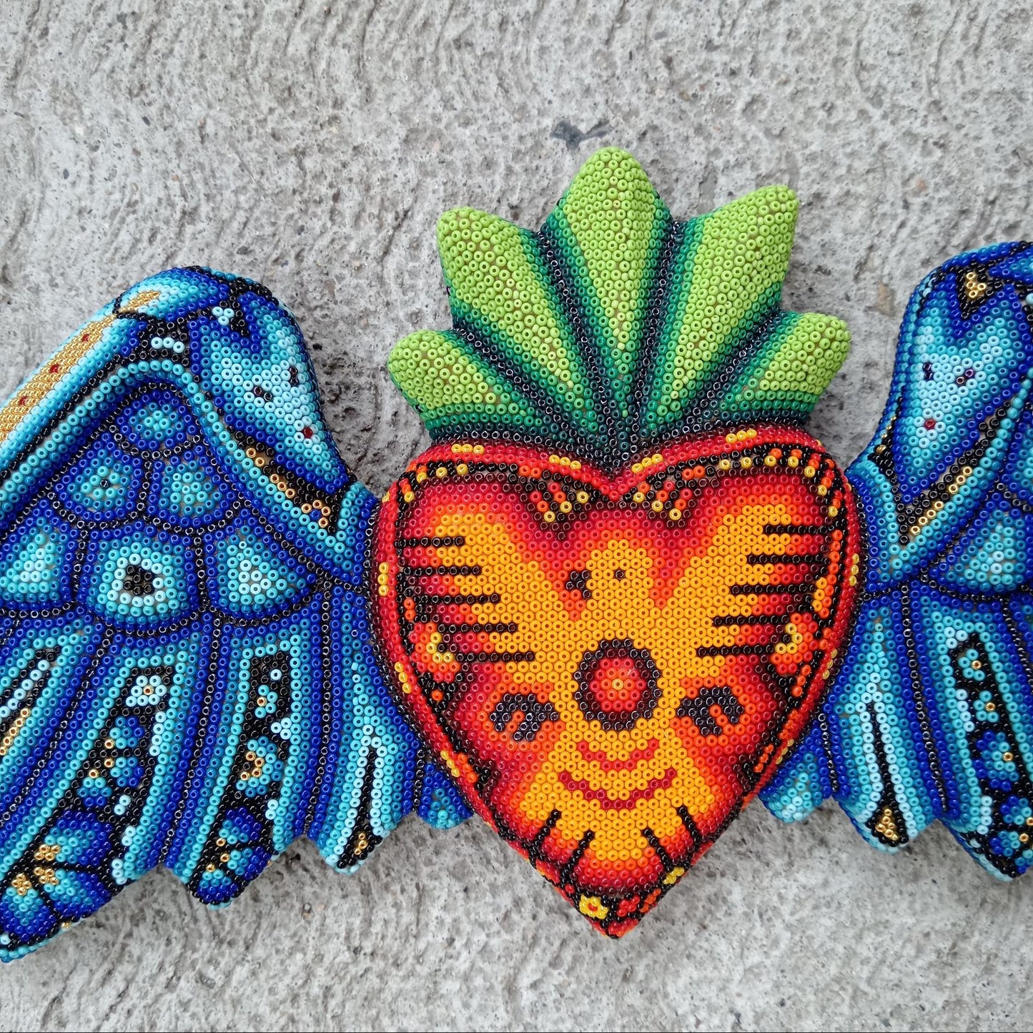 Mexican Huichol Hand Beaded Art, Heart with Wings By Isandro Villa Lopez PP8184