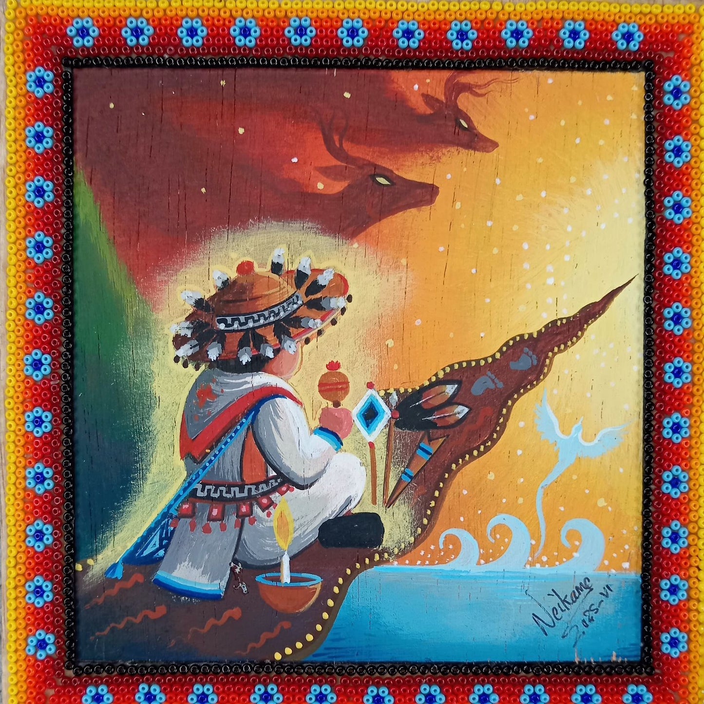 Huichol Mexican Folk Art Yarn Painting by Neikame PP8202