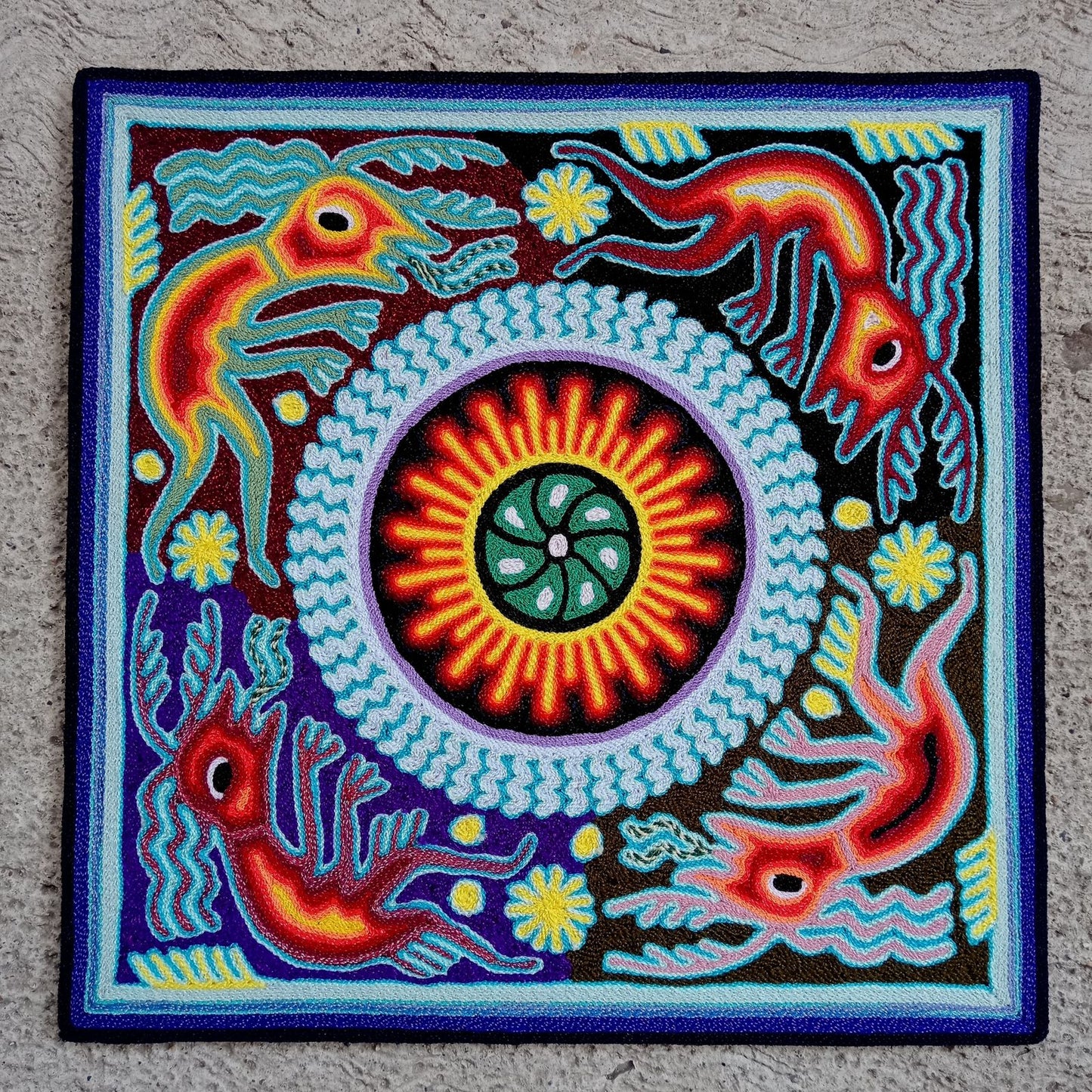 Huichol Mexican Folk Art Yarn Painting By Maximino Renteria PP8243