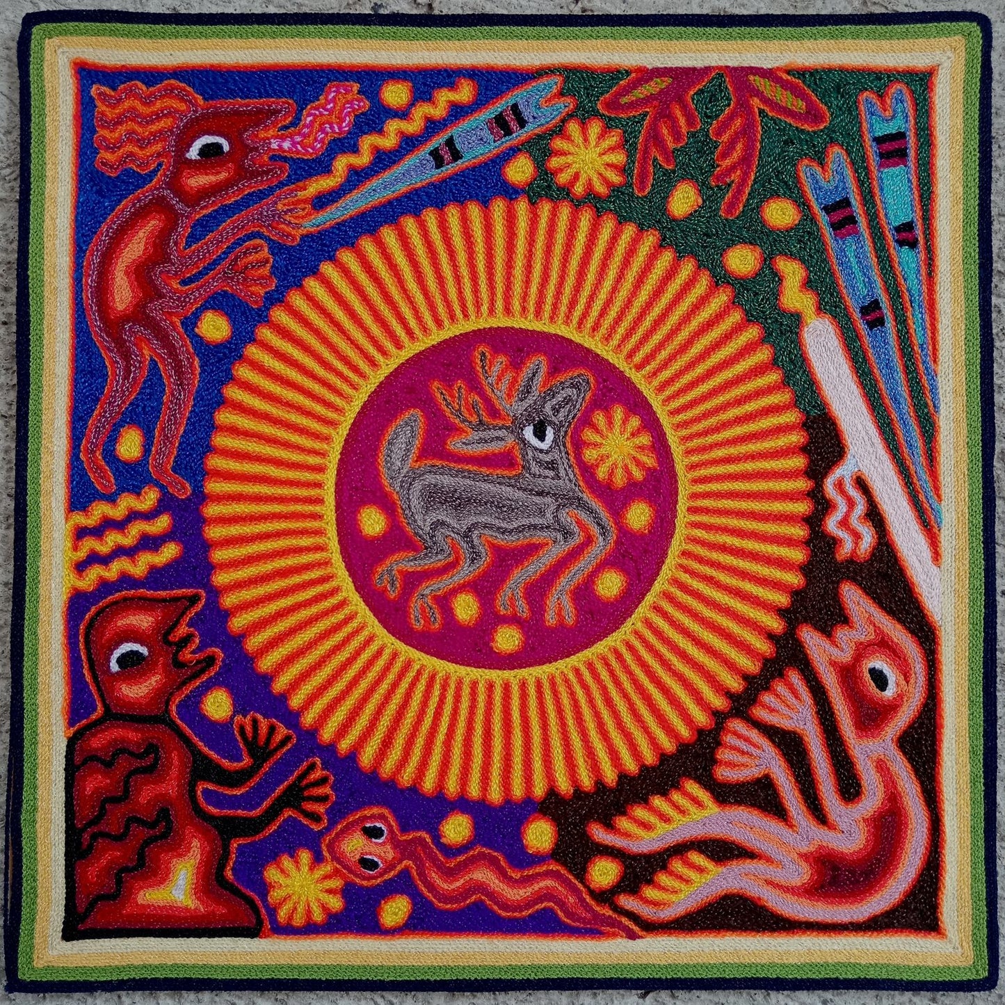 Huichol Mexican Folk Art Yarn Painting By Maximino Renteria PP8247