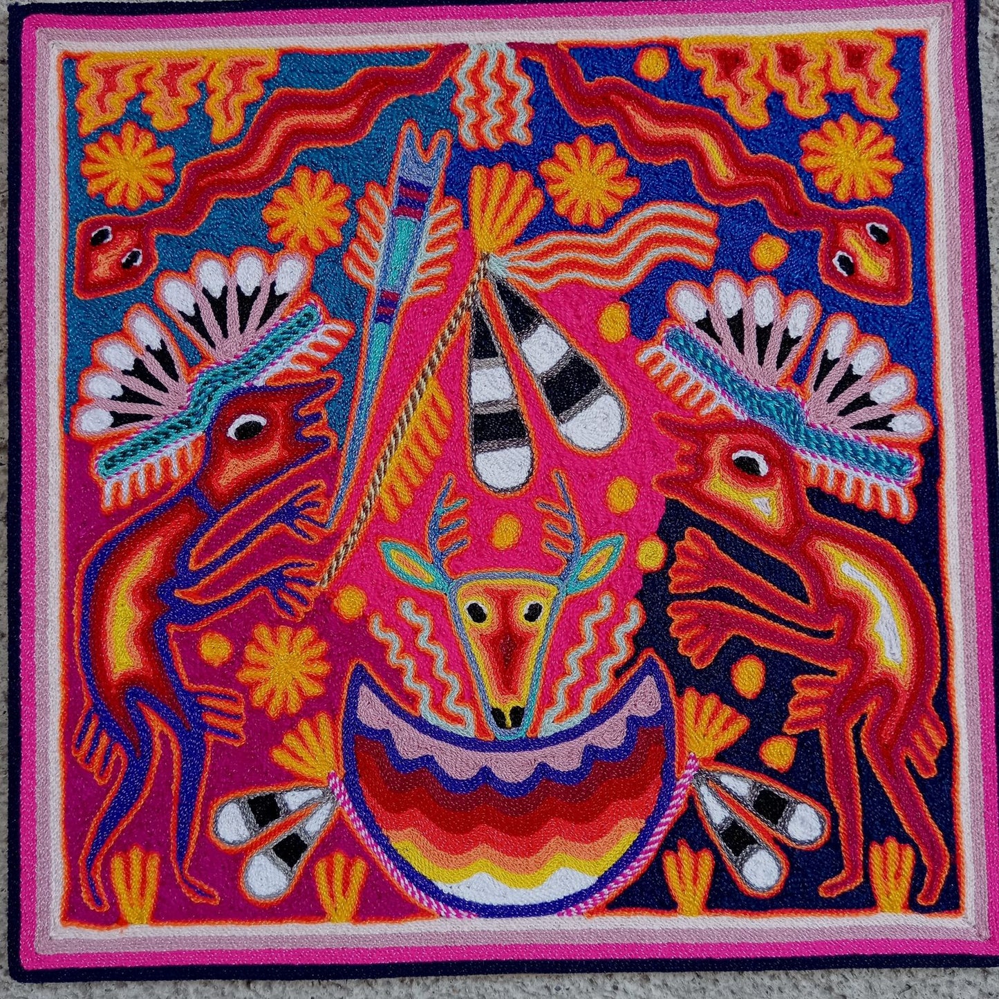 Huichol Mexican Folk Art Yarn Painting By Maximino Renteria PP8248