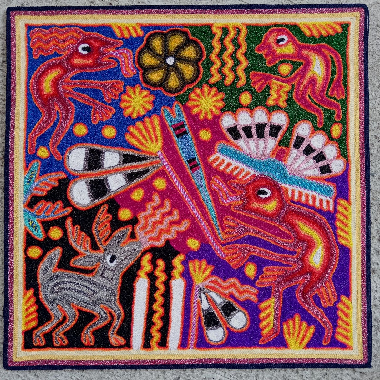 Huichol Mexican Folk Art Yarn Painting By Maximino Renteria PP8250