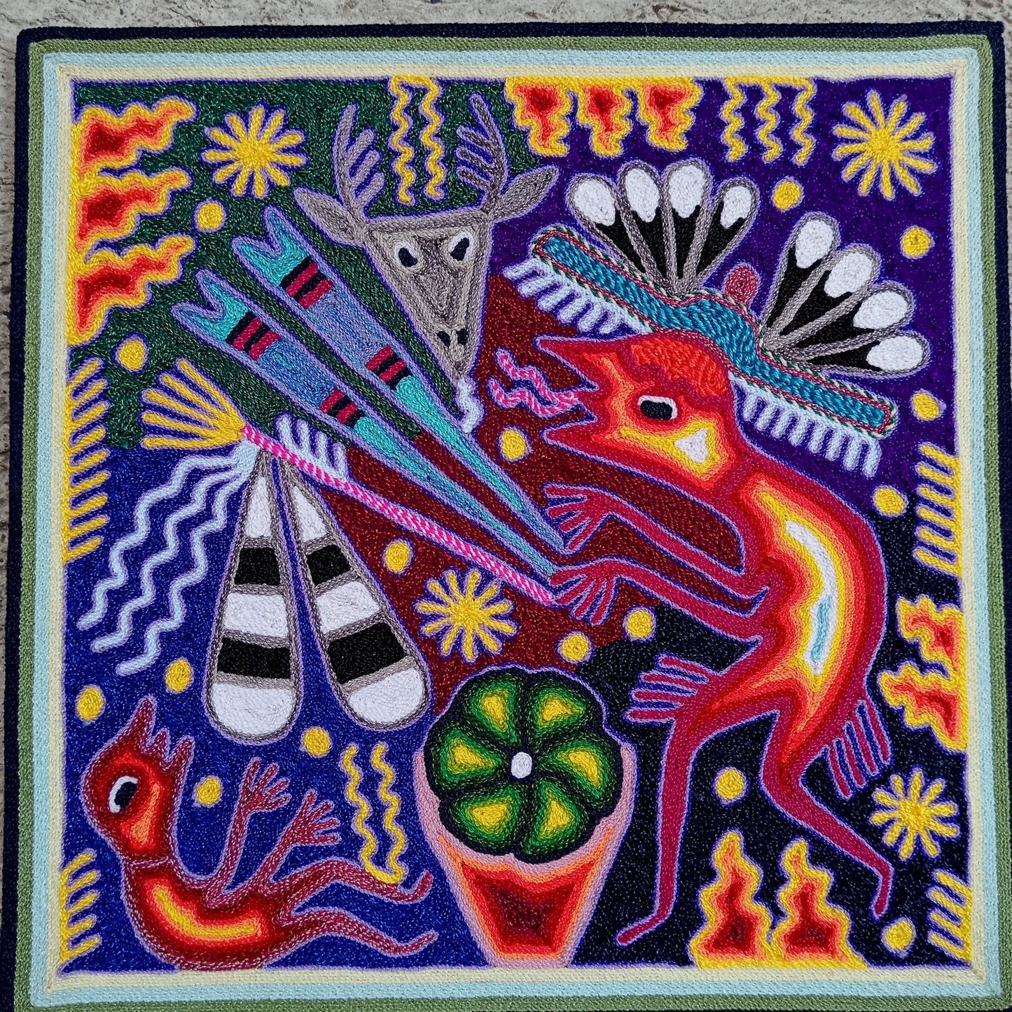 Huichol Mexican Folk Art Yarn Painting By Maximino Renteria PP8251