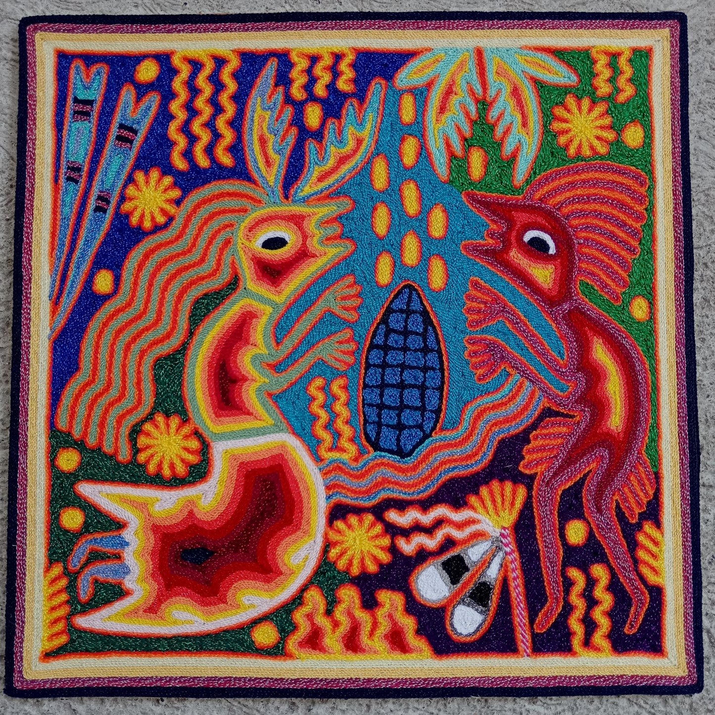 Huichol Mexican Folk Art Yarn Painting By Maximino Renteria PP8252