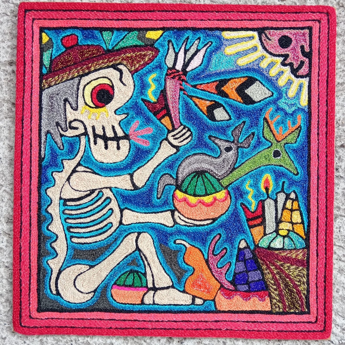 Mexican Folk Art Huichol Indian Yarn Painting by Luis Castro PP8255