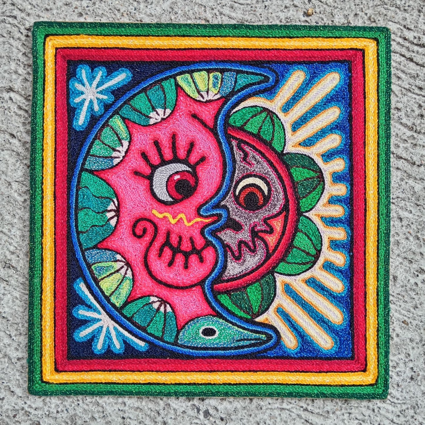 Mexican Folk Art Huichol Indian Yarn Painting by Luis Castro PP8256