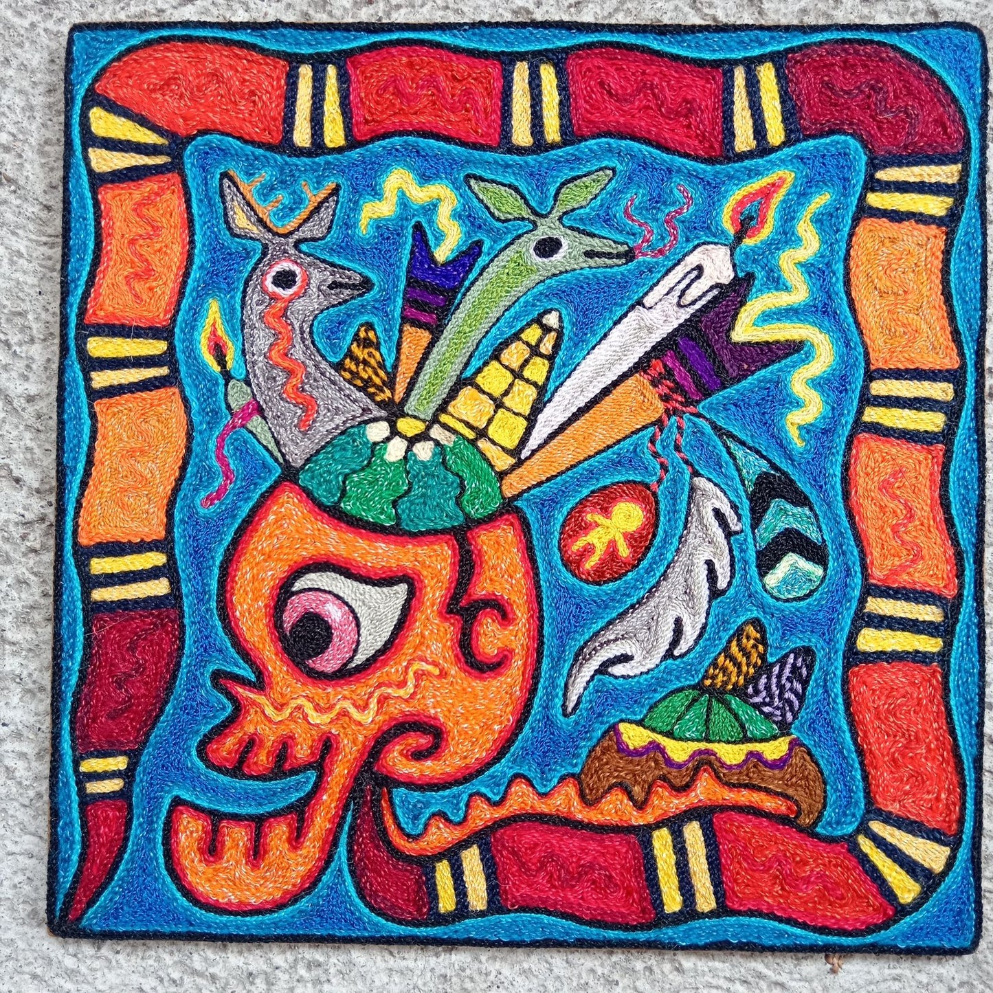 Mexican Folk Art Huichol Indian Yarn Painting by Luis Castro PP8259