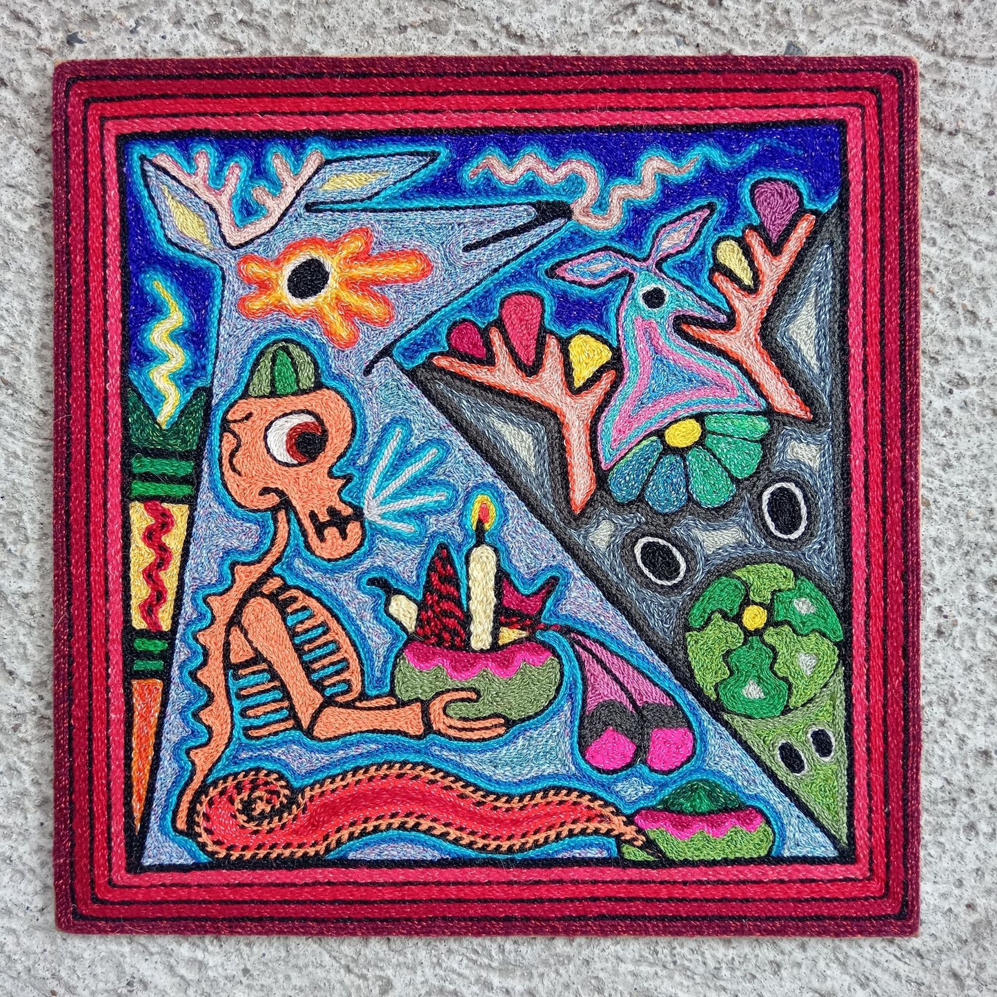 Mexican Folk Art Huichol Indian Yarn Painting by Luis Castro PP8262