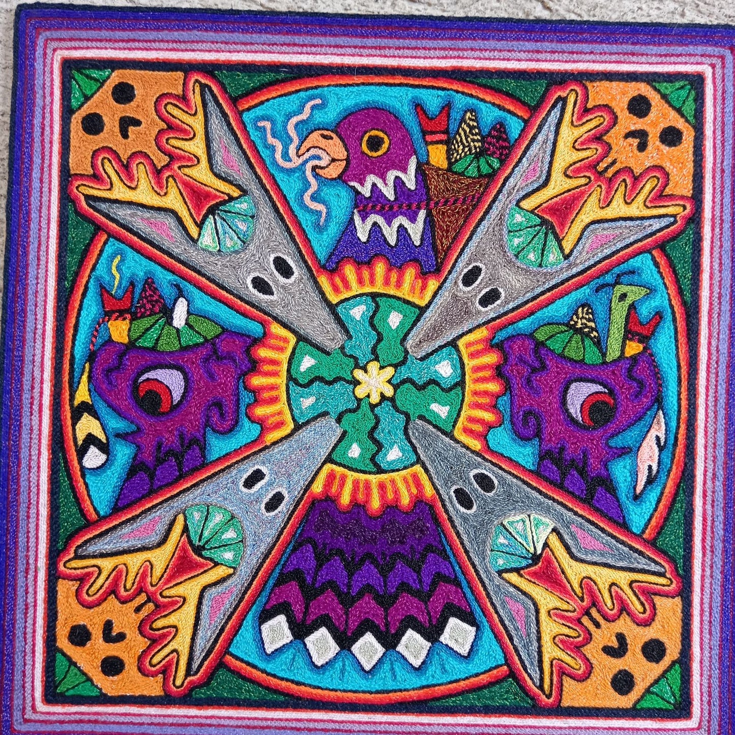Mexican Folk Art Huichol Indian Yarn Painting by Luis Castro PP8271