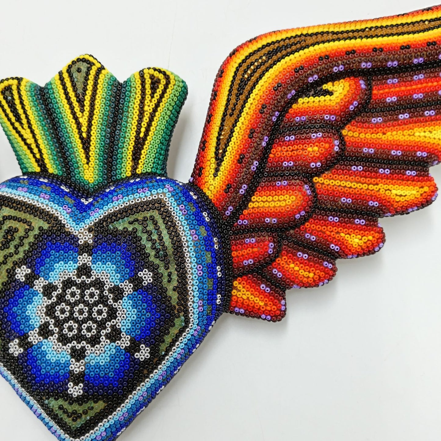 Huichol Hand Beaded Mexican Folk Art Heart with Wings By Santos Bautista PP8287