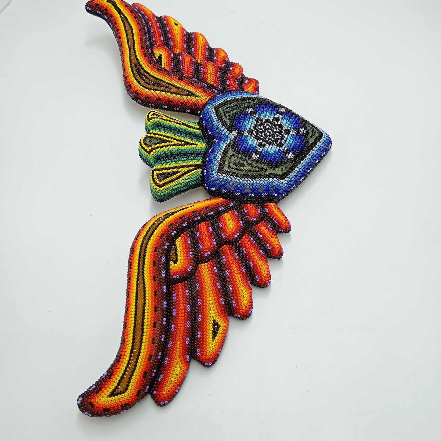 Huichol Hand Beaded Mexican Folk Art Heart with Wings By Santos Bautista PP8287