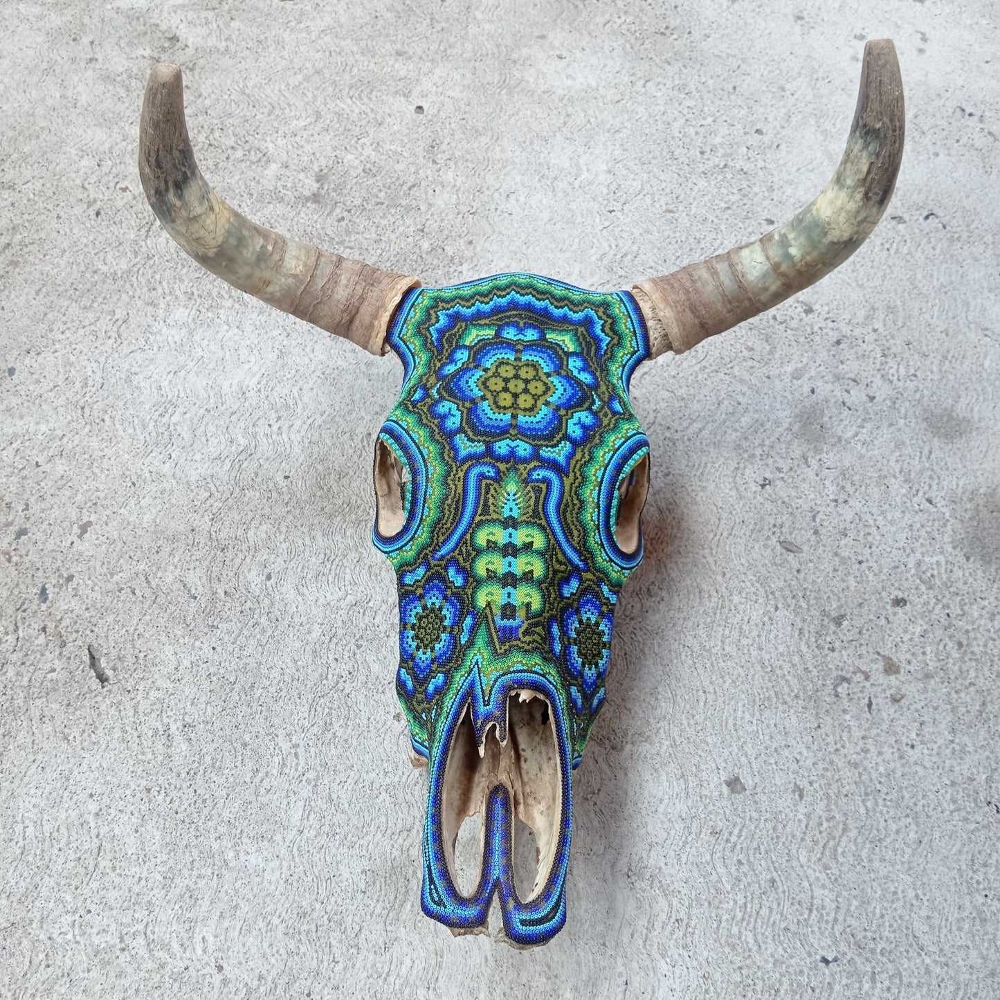 Huichol Indian Hand Beaded Bull Skull By Santos Bautista PP8293