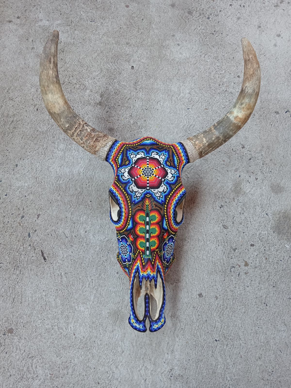 Huichol Indian Hand Beaded Bull Skull By Santos Bautista PP8294