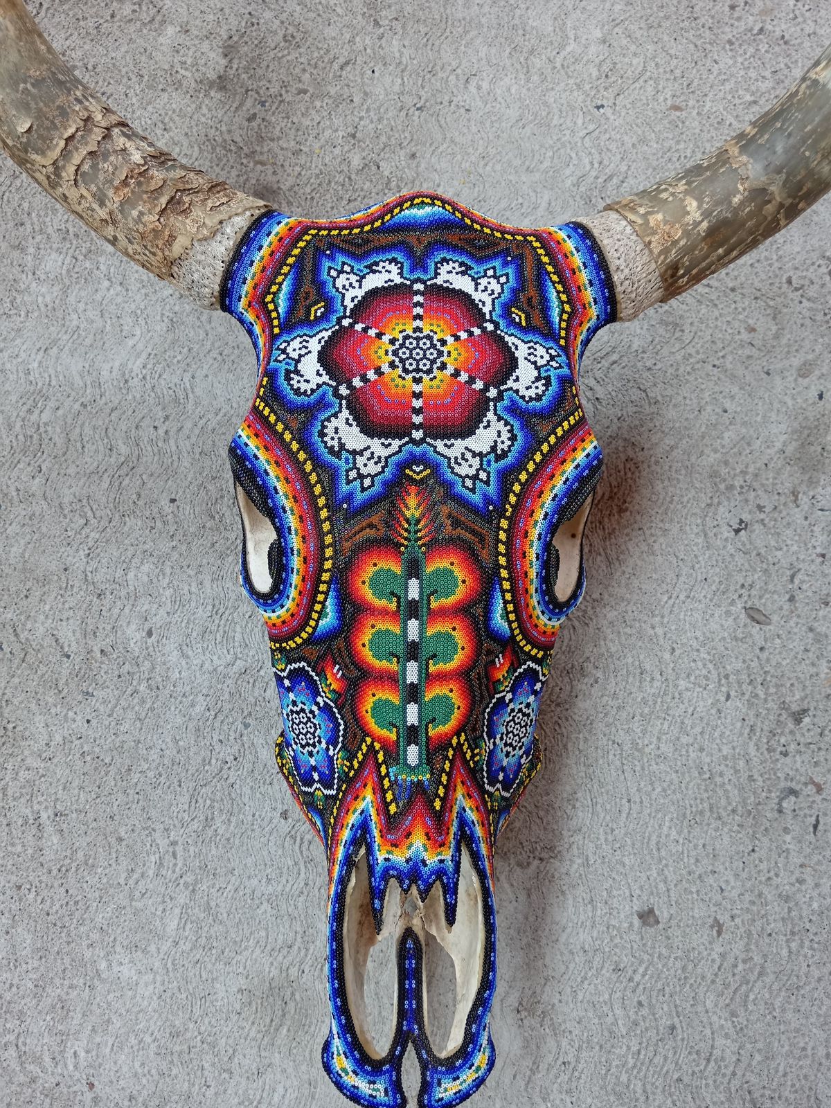 Huichol Indian Hand Beaded Bull Skull By Santos Bautista PP8294