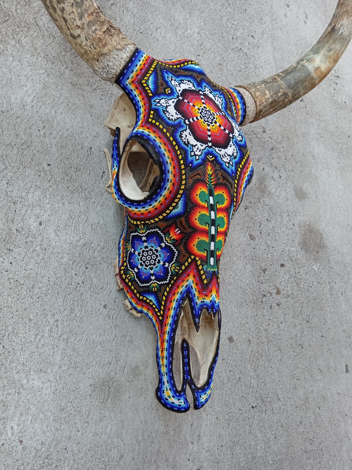 Huichol Indian Hand Beaded Bull Skull By Santos Bautista PP8294