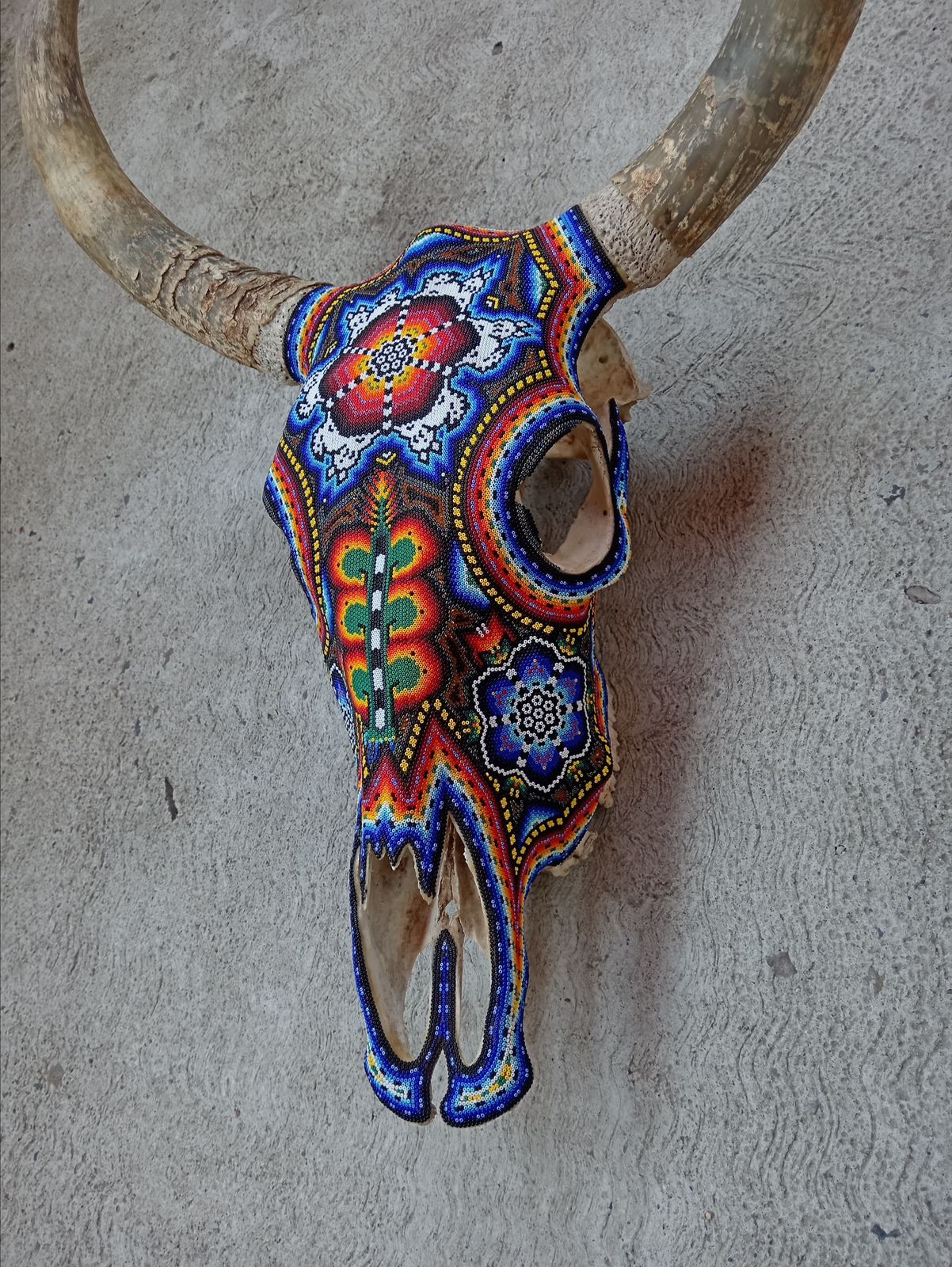 Huichol Indian Hand Beaded Bull Skull By Santos Bautista PP8294