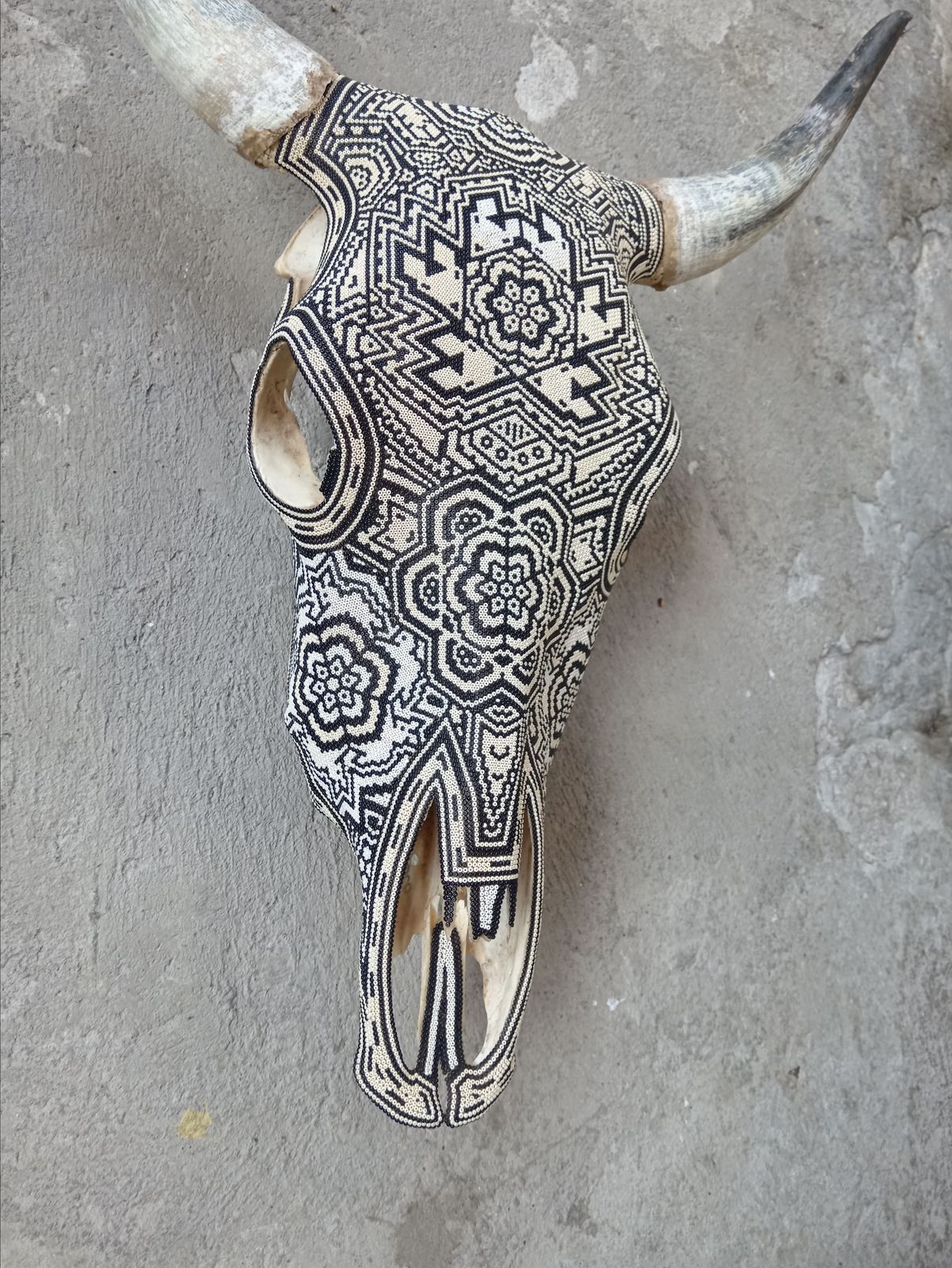 Huichol Indian Hand Beaded Bull Skull By Santos Bautista PP8295