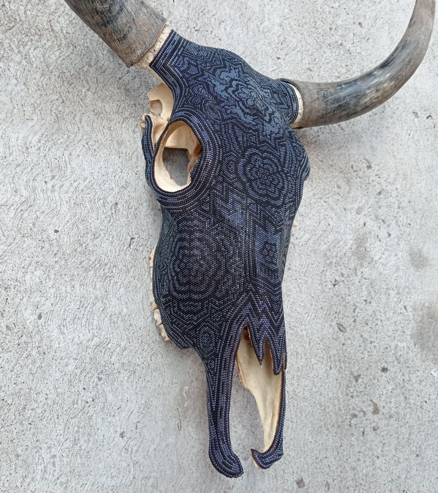 Huichol Indian Hand Beaded Bull Skull By Santos Bautista PP8296