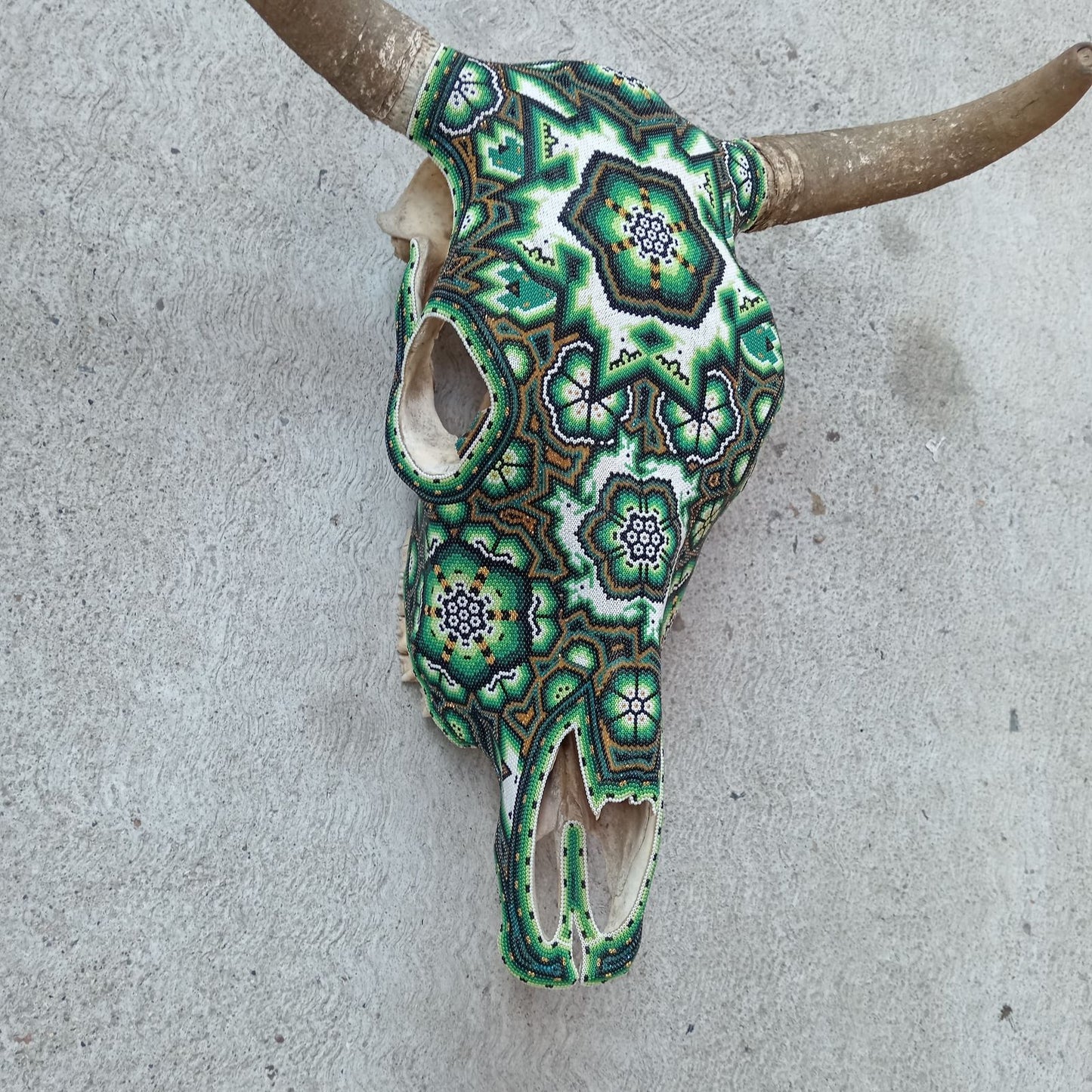 Huichol Indian Hand Beaded Bull Skull By Santos Bautista PP8297